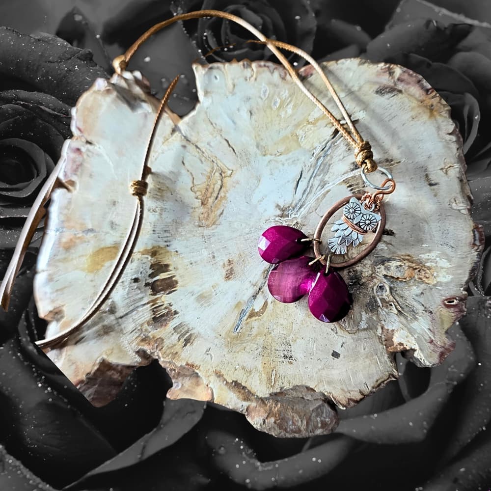 Copper Wrapped Owl Necklace with Magenta Pink Purple Drops, Adjustable Cord