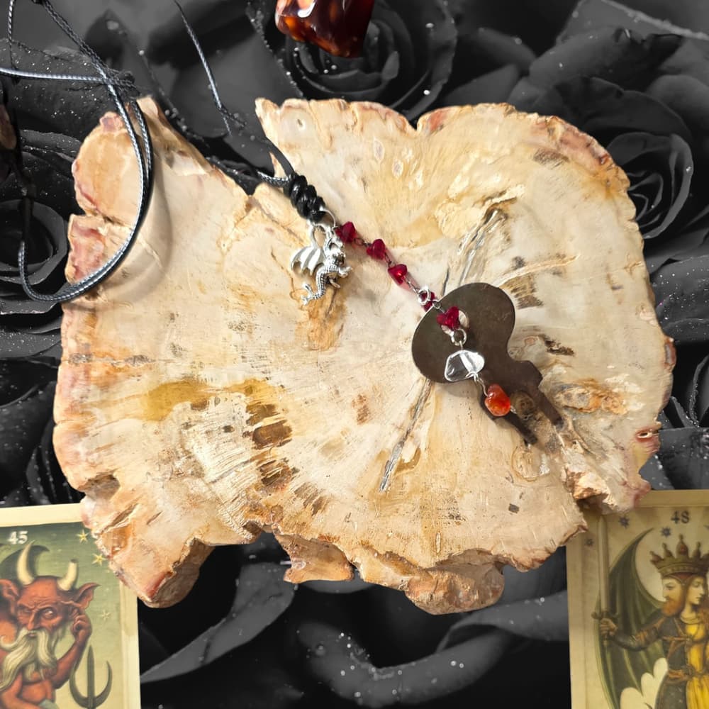 Antique Skeleton Key Necklace Clear Quartz & Carnelian - Gothic Dragon Talisman