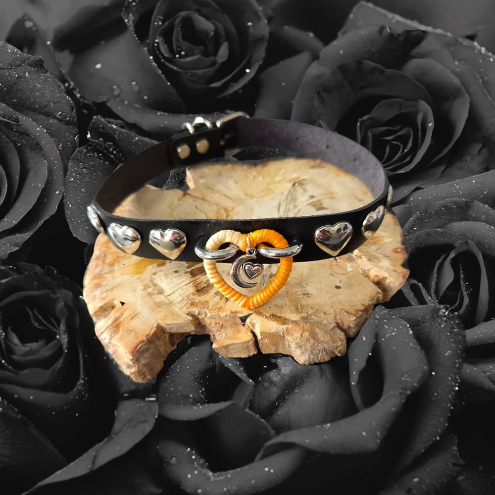 Harvest Moon Studded Leather Choker - Handmade Ombré Wrapped Heart Collar goth