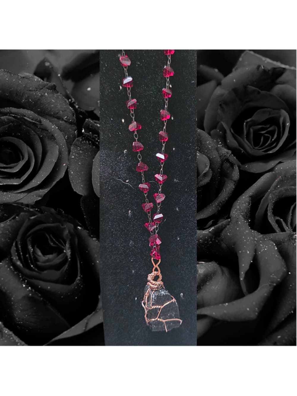 Raw Black Tourmaline & Crimson Crystal Necklace – Copper Wrapped Protection
