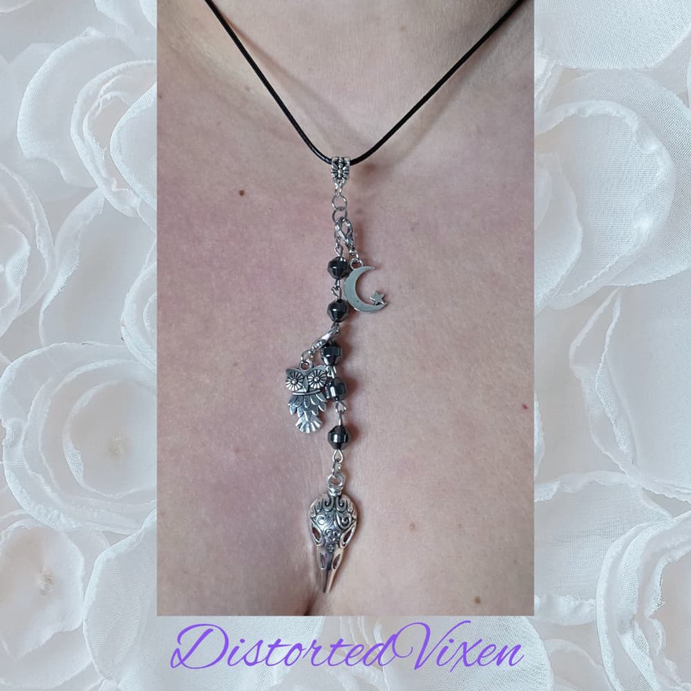 Raven Skull Talisman Necklace | Gothic Witch Jewelry, Hematite Beads