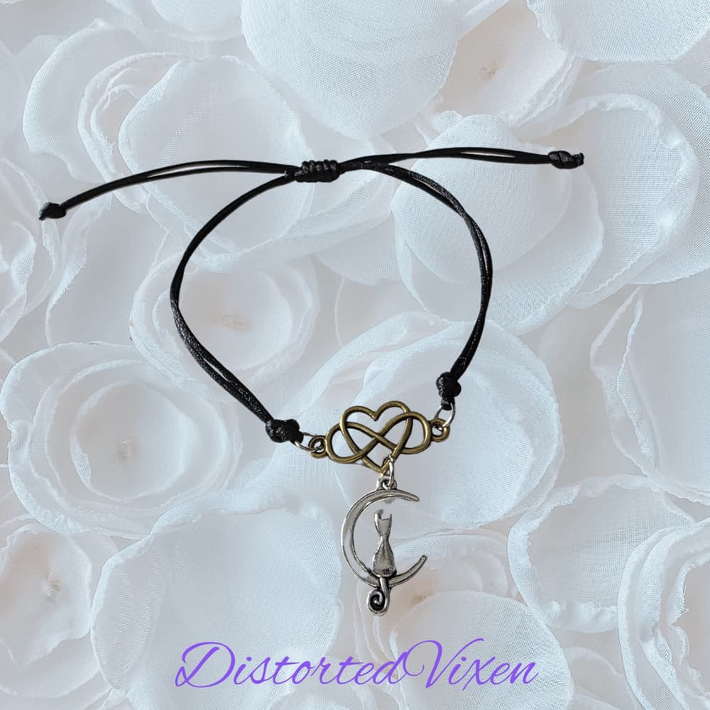 Celestial Cat Moon Bracelet - Infinity Heart Charm - Black Silk Cord Mixed Metal