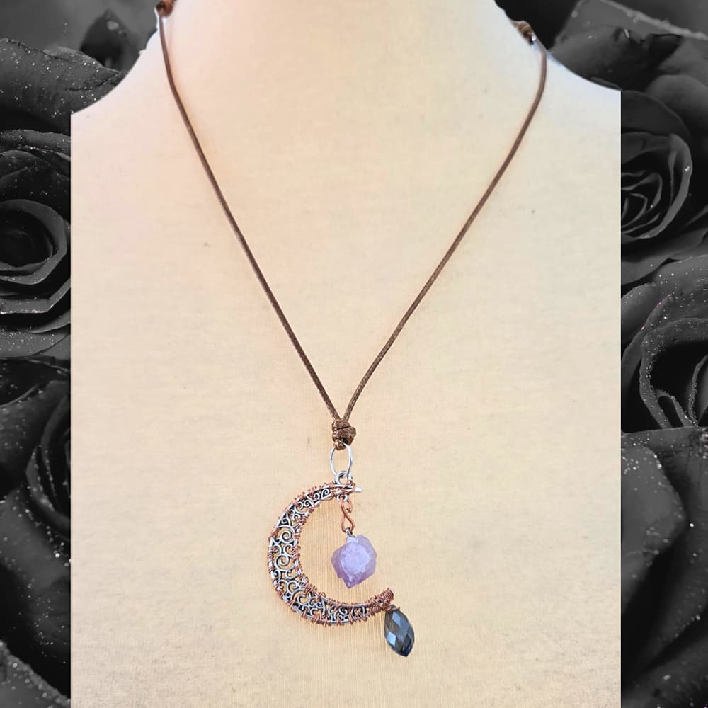 Amethyst Crescent Moon Necklace, Copper Wire Wrapped Pendant, Blue Drop Necklace