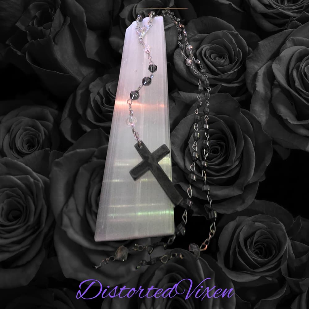 Black Hematite Rosary Necklace –Minimalist Cross, Gothic Prayer Beads, Grounding
