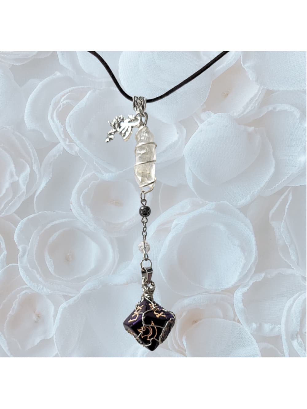 The Weaver of Fate d10 Amulet – Purple 10-Sided Die with Clear Quartz & Hematite