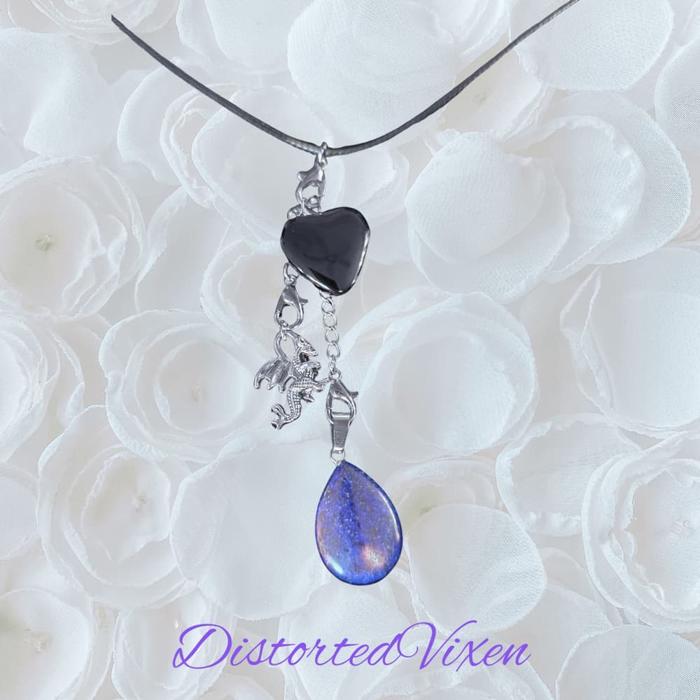 Black Obsidian & Lapis Lazuli Dragon Charm Convertible Necklace Adjustable Cord