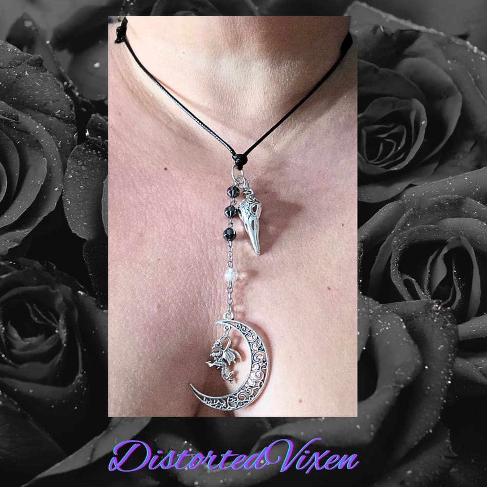 Dragon Moon Necklace with Raven Skull & Hematite - Gothic Witchy Jewelry