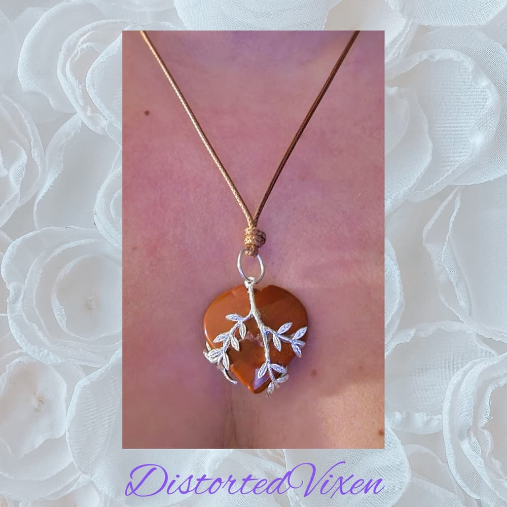 Red Jasper Heart Necklace with Silver Vine Detail Adjustable Cord