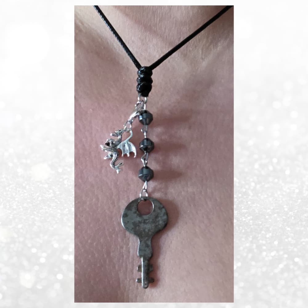 Antique Skeleton Key & Dragon Necklace - Hematite Grounding Jewelry