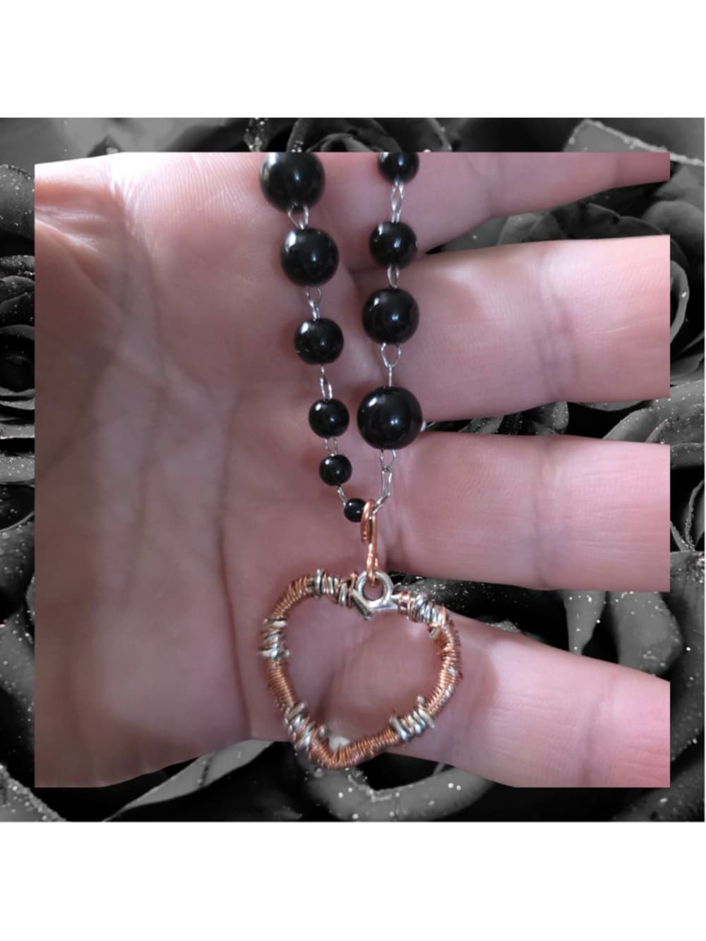 Handmade Black Onyx Beaded Copper Barbed Wire Heart Necklace Goth Alt Grunge
