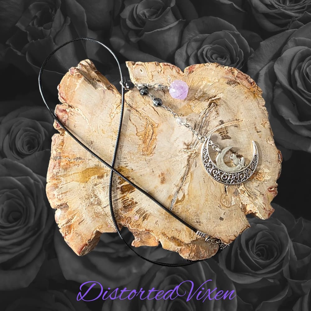 Crescent Moon Cat Necklace with Amethyst | Gothic Lunar Jewelry | Witchy Crystal