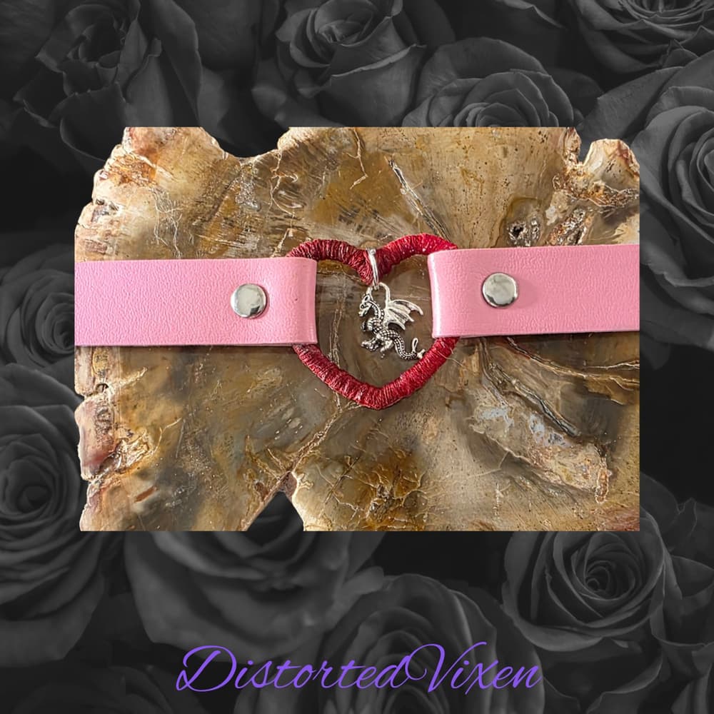 Pink Heart Choker Necklace with Dragon Charm – Adjustable Faux Leather Choker