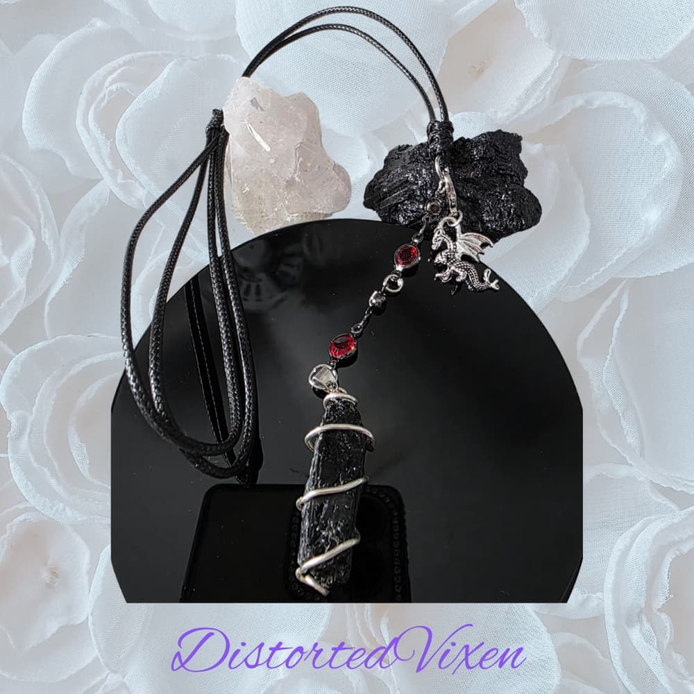 Raw Black Tourmaline "Dragon’s Protection" Necklace | Silver Wire Wrap & Dragon