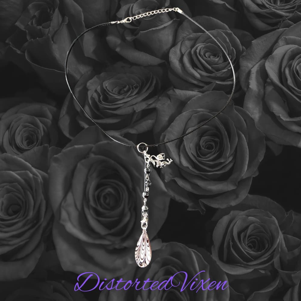 Dragon Charm Necklace with Burgundy Lace Glass & Hematite – Gothic Protection