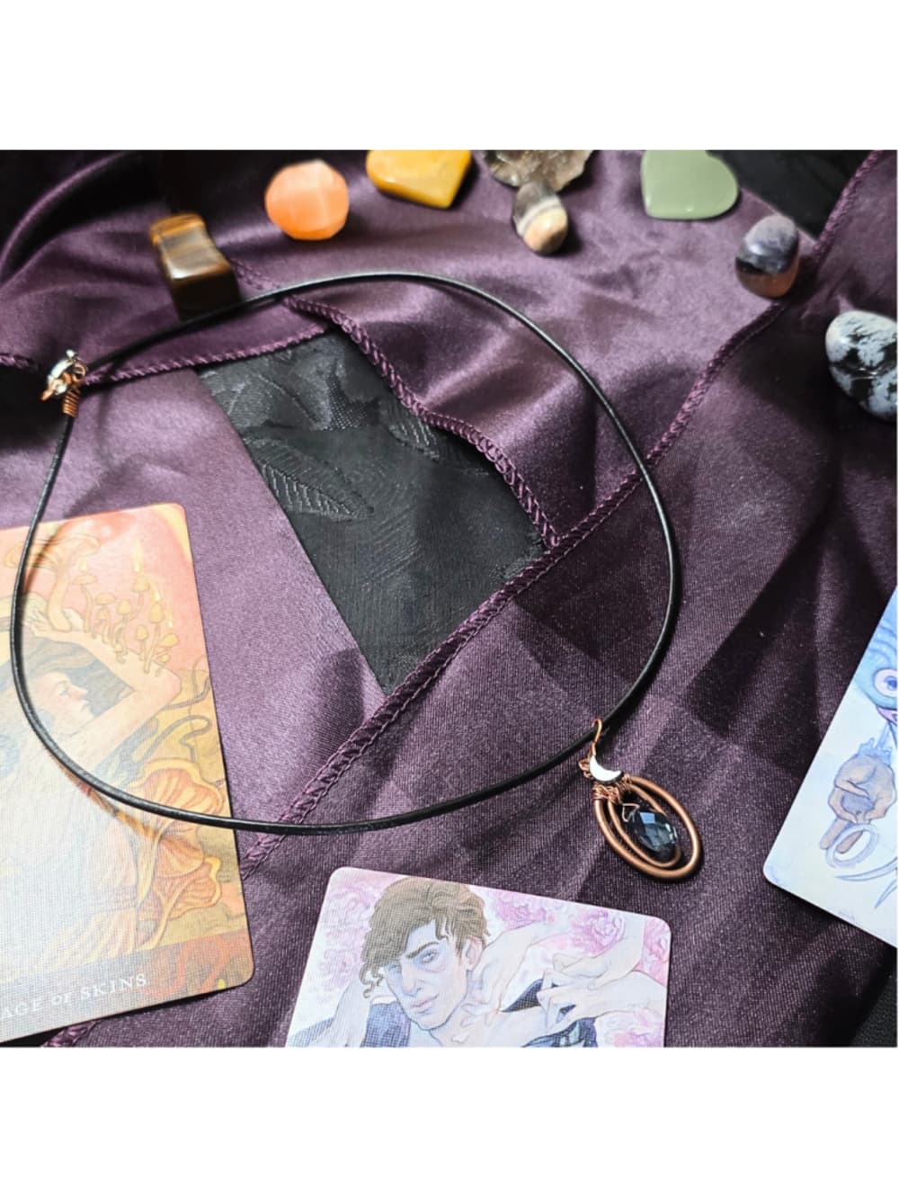 Handmade Copper Wire Wrapped Crystal Moon Pendant Black Leather Cord Necklace