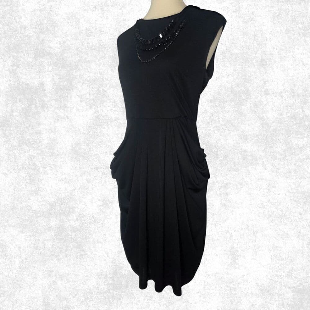 BCBGMAXAZRIA Black Draped Sheath Dress – M | Beaded Collar + Pockets | Luxe Glam