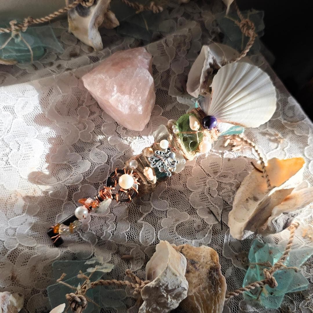 Handcrafted Driftwood Wand, Octopus Charm, Citrine, Carnelian, Copper Wrapped Key, Ocean Magic Tool