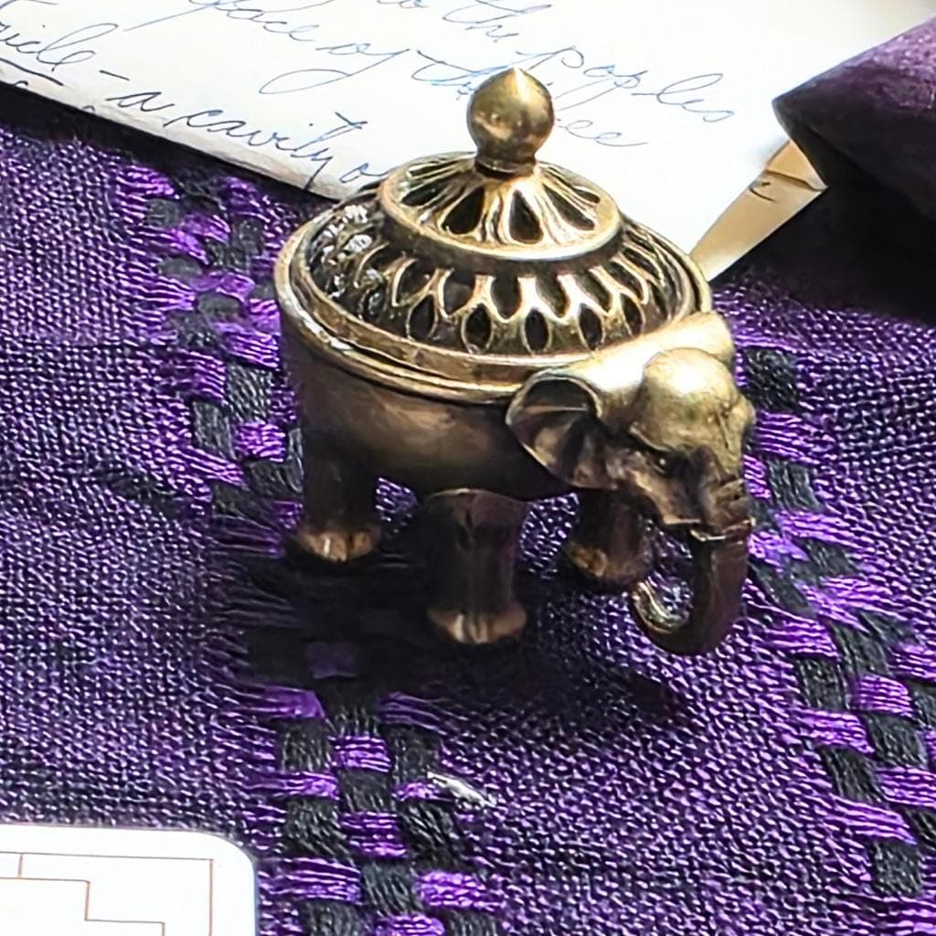 Mini Brass Elephant Incense Burner – Filigree Censer Pot with Lid for Altar