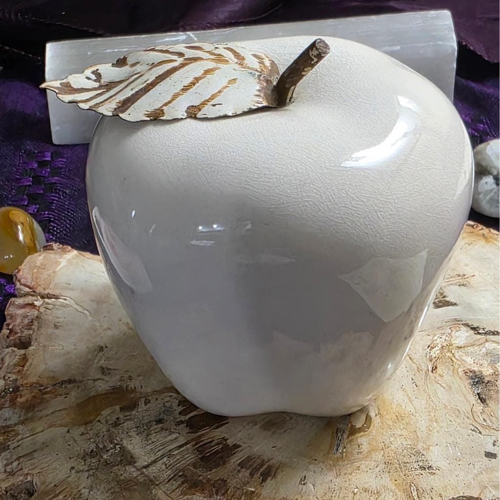 Ceramic Apple Altar Decor – White Glaze Ritual Symbol for Abundance, Knowledge, Earth Magick