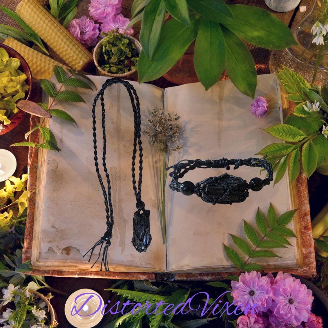 Black Tourmaline Macramé Jewelry, Raw Crystal Protection Necklace or Bracelet, Grounding Stone Jewelry