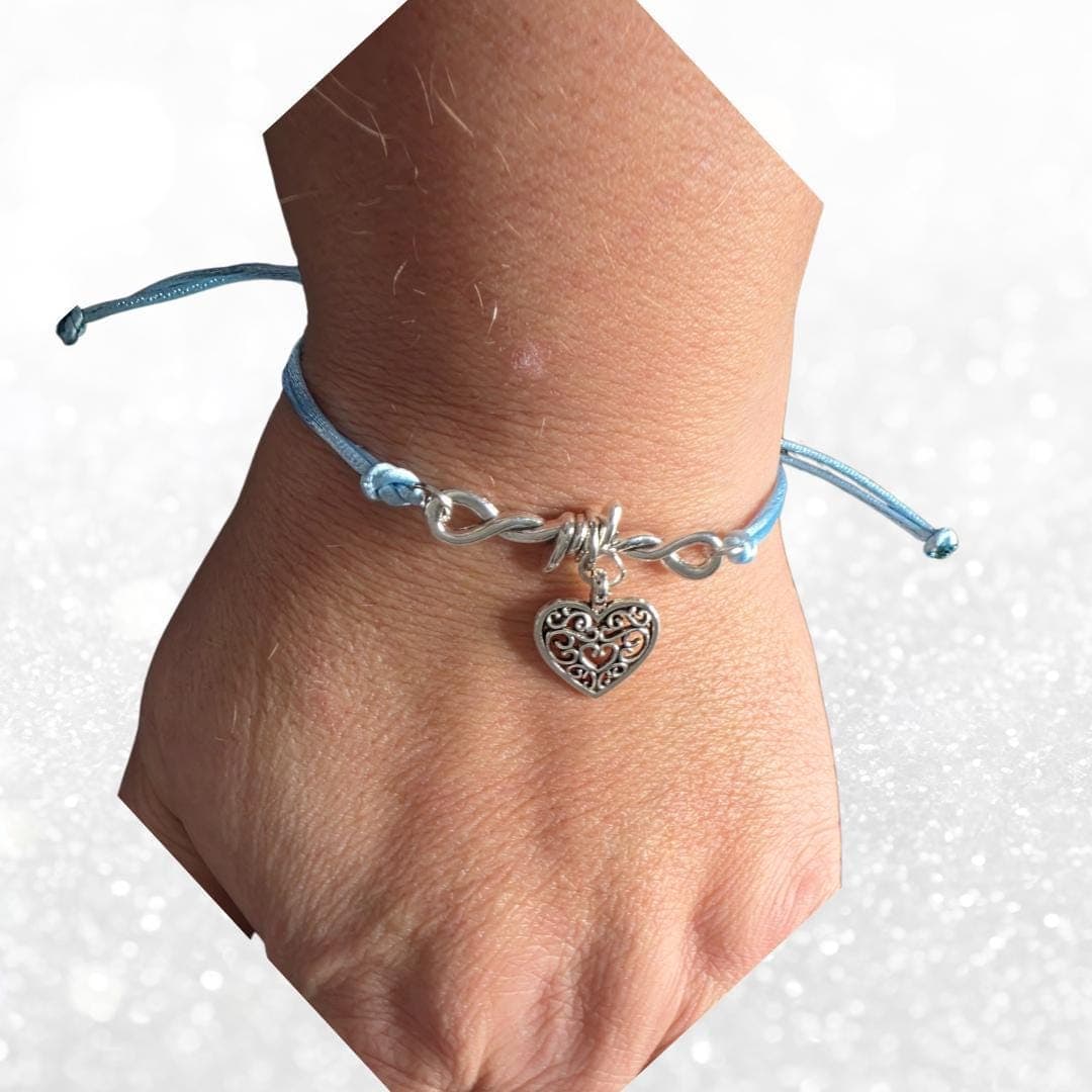 Barbed Wire Heart Stacker Bracelet - Adjustable Blue Cord Goth Jewelry - Edgy Alt Gift