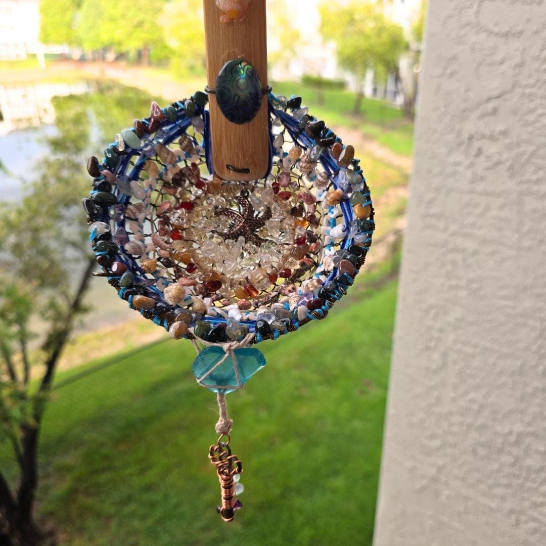 Handwoven Vintage Strainer Suncatcher – Abalone, Sea Glass, Crystals, Copper Key, Coastal Art