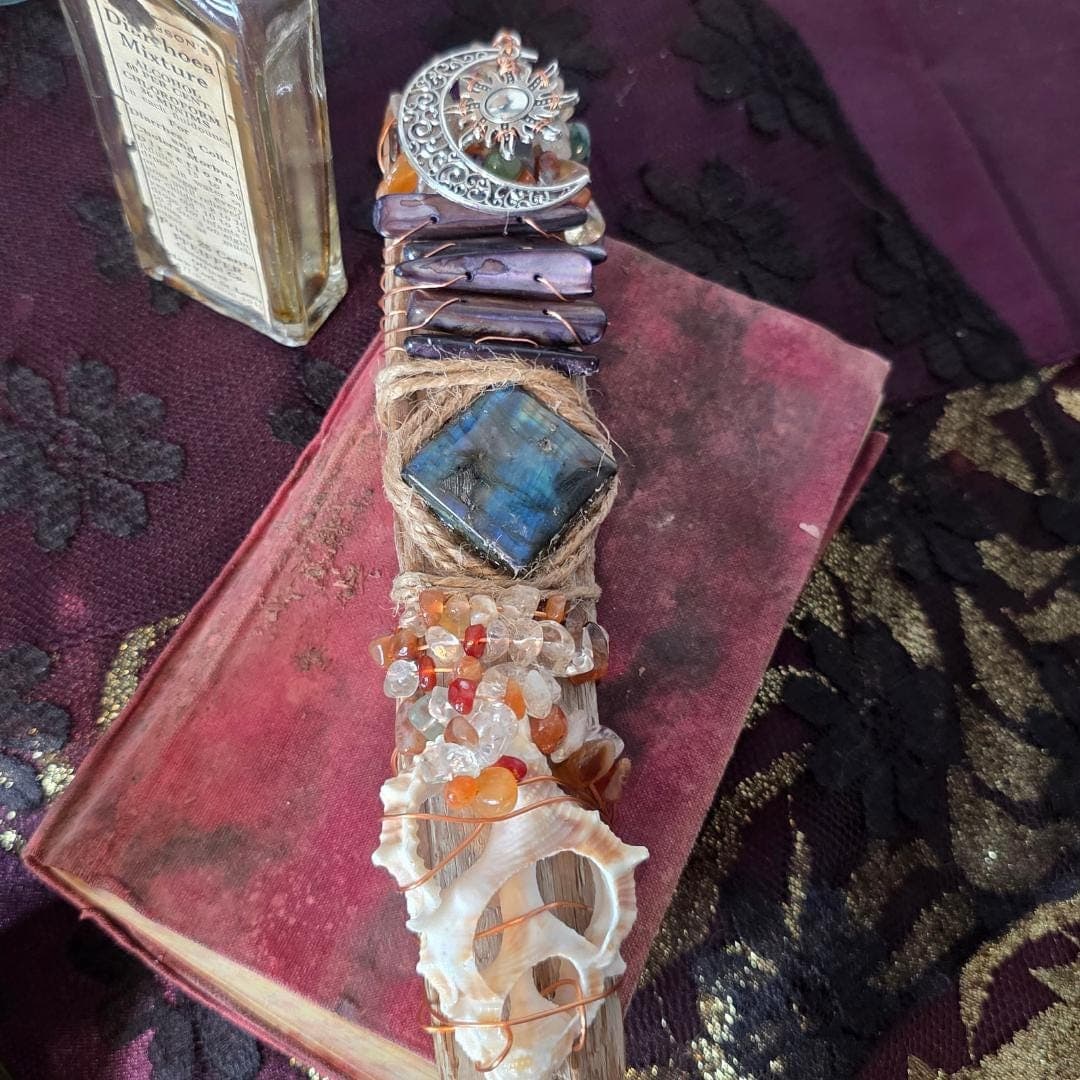 Handcrafted Driftwood Wand, Labradorite, Copper Wrapped Crystals, Sunrise Sunset Moon Charm