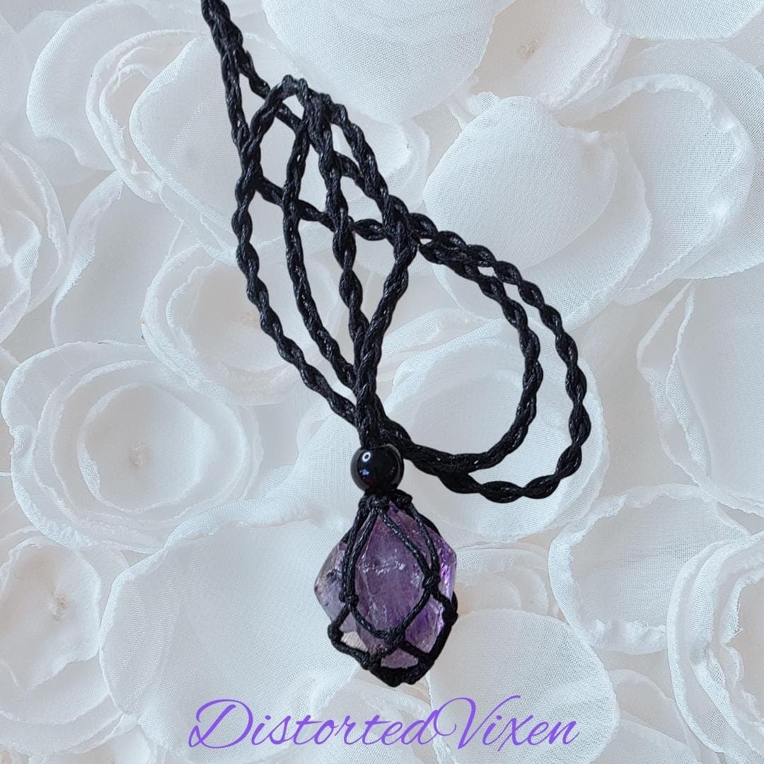 Amethyst Crystal Necklace — Adjustable Macramé Pouch — Intuition & Protection Jewelry