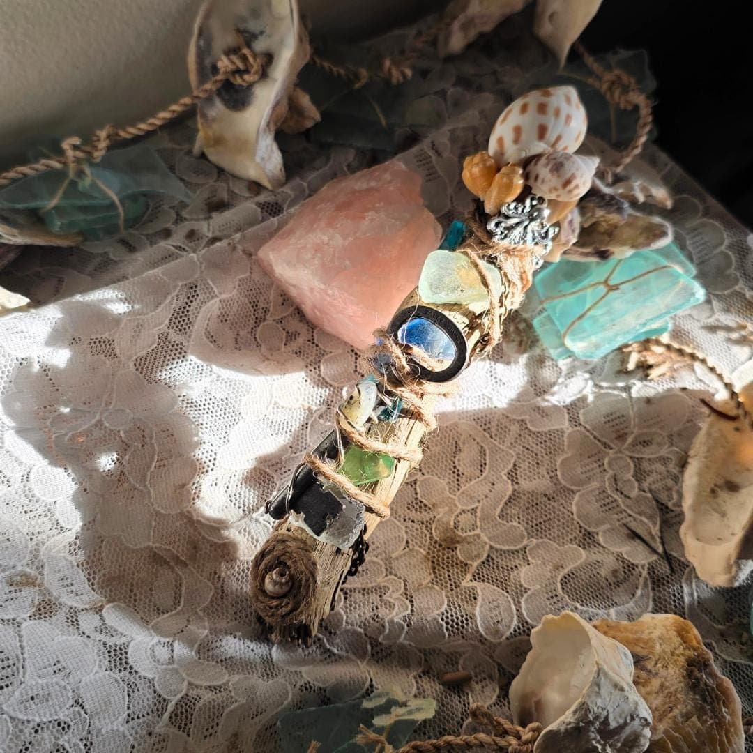 Handcrafted Sea Witch Driftwood Wand with Crystals & Sea Glass
