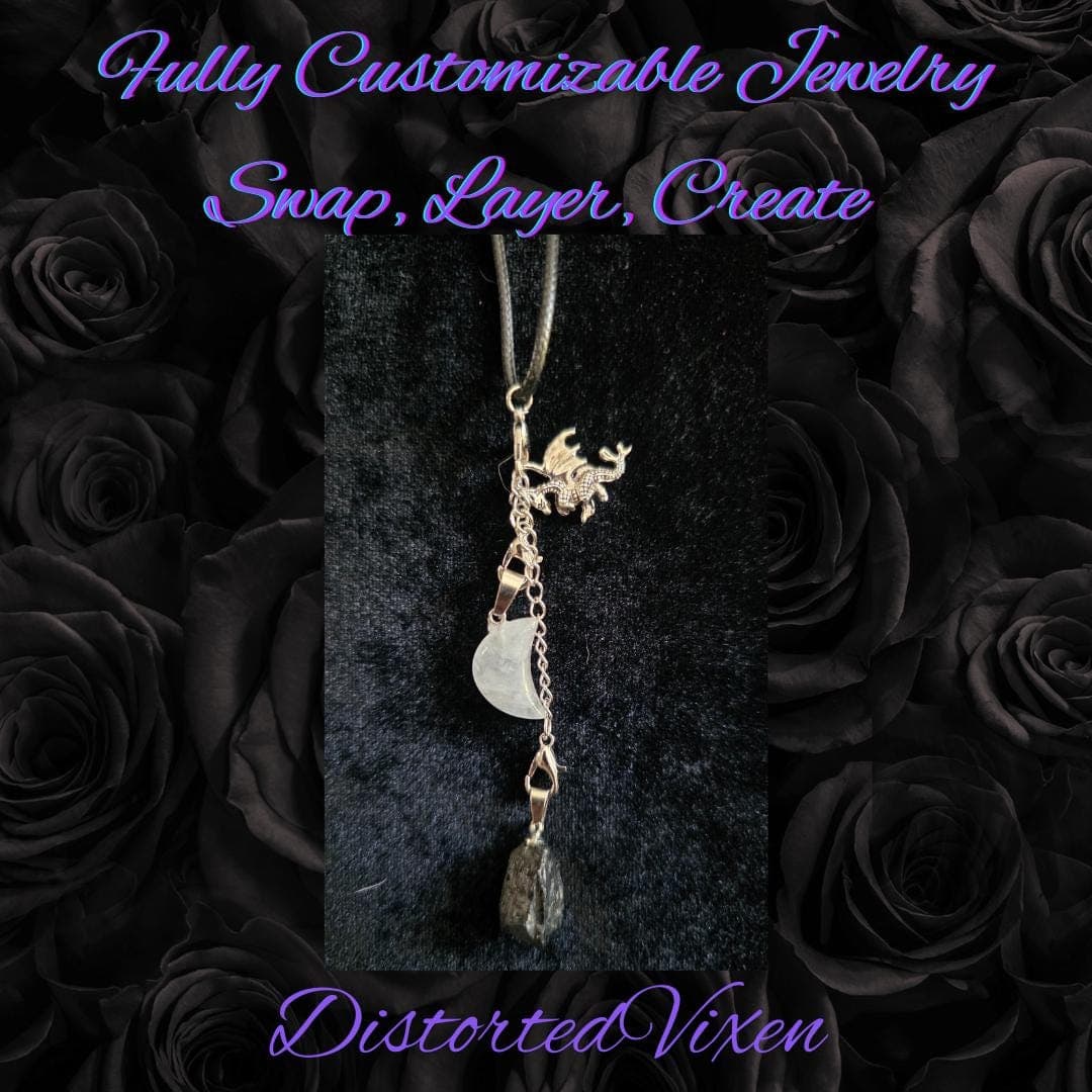 Quartz Moon & Black Tourmaline Necklace: Silver Dragon Charm, Adjustable Witchy Jewelry