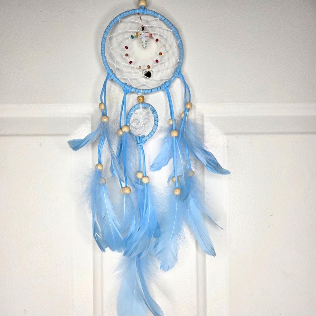 The Aura Weaver Sky Blue Dreamcatcher with Wire Wrapped Opal Pendulum Talisman