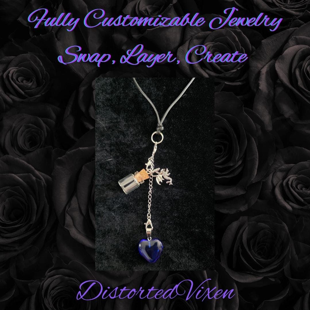 Blue Heart Dragon Charm Necklace: Gothic Spell Bottle Pendant