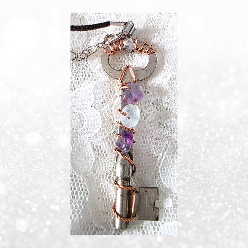 Rainbow Fluorite Key Necklace, Real Vintage Key Pendant, Handmade Copper Wrapped