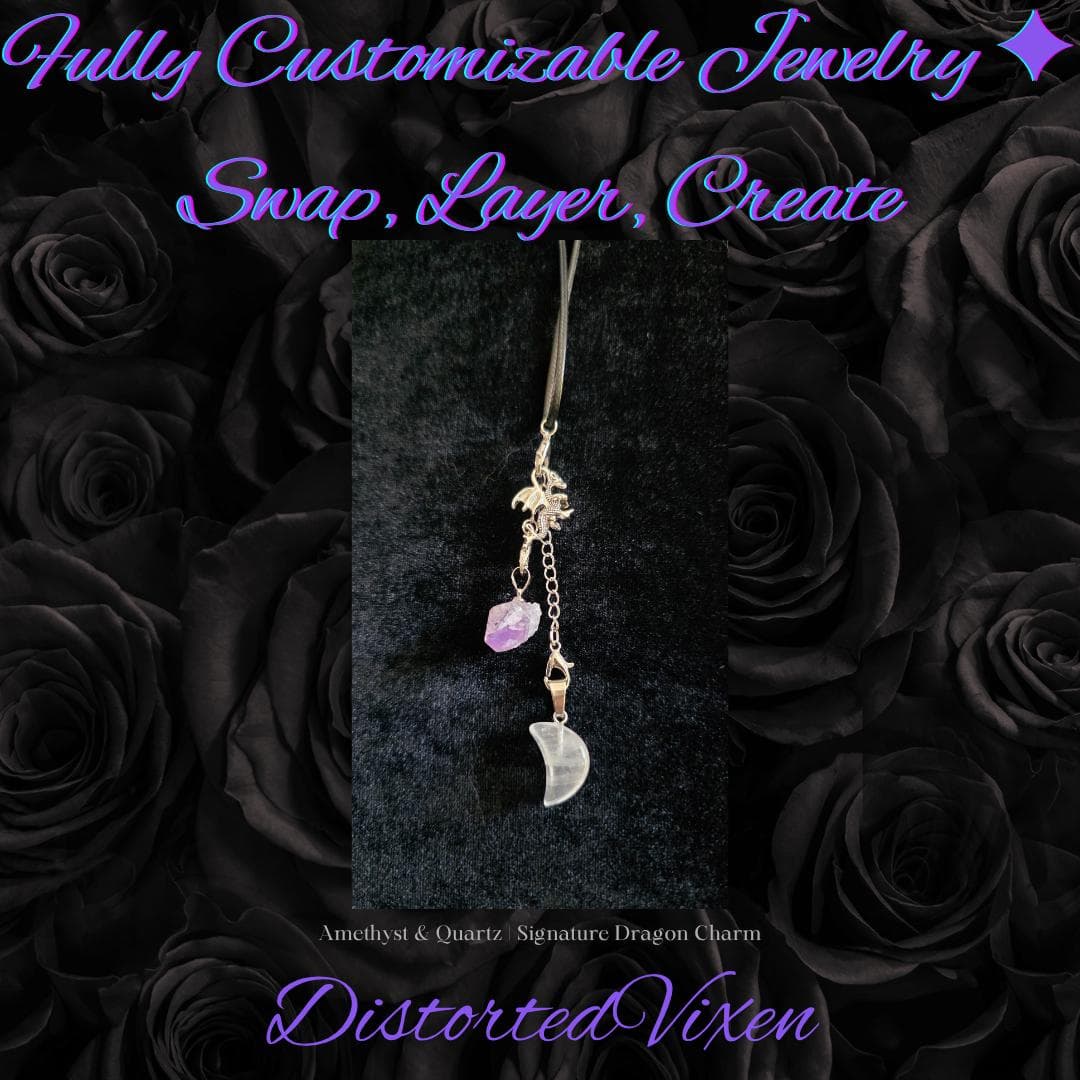 Amethyst & Quartz Adjustable Necklace with Silver Dragon Charm | Fully Customizable Jewelry | Layered Pendant | Fantasy Witchy Necklace
