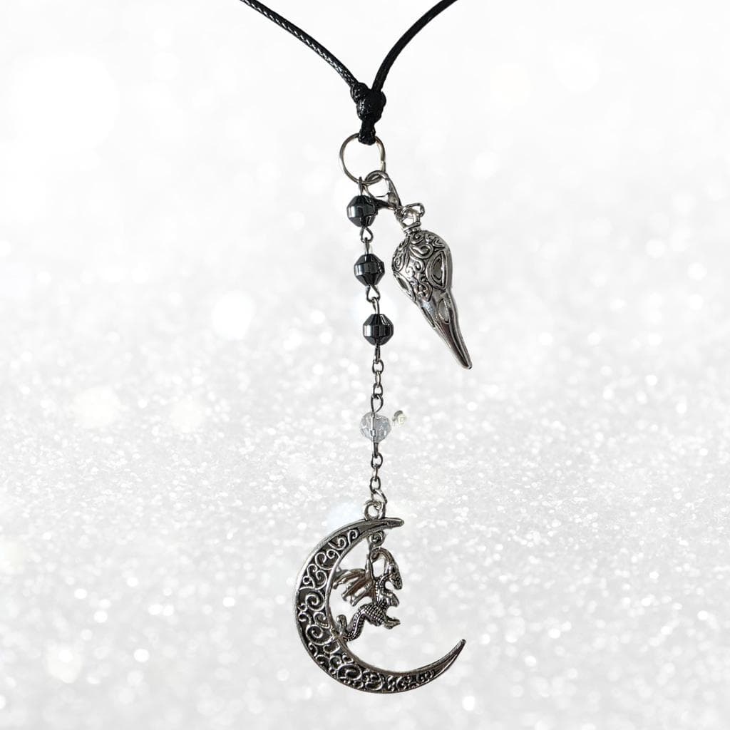 Dragon Moon Necklace with Raven Skull & Hematite - Gothic Witchy Jewelry