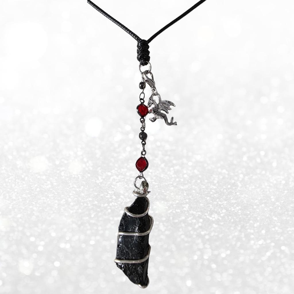 Raw Black Tourmaline "Dragon’s Protection" Necklace | Silver Wire Wrap & Dragon