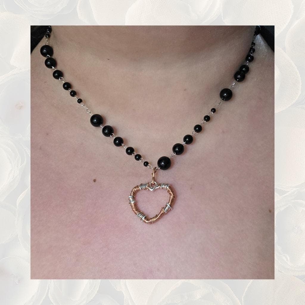 Black Onyx Rosary Choker, Wire Wrapped Barbed Wire Heart Pendant