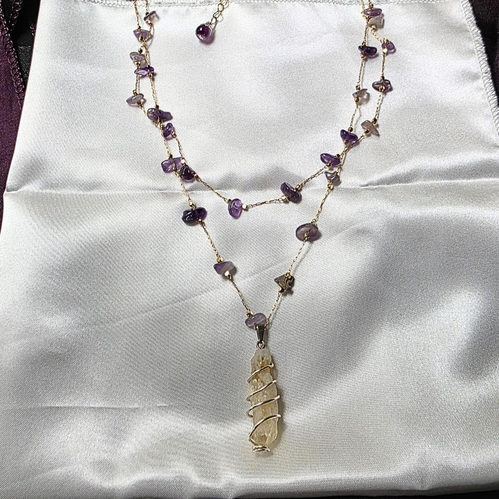 Layered Citrine Point and Amethyst Chip Necklace Set, Gold-Tone Wire Wrapped Jewelry
