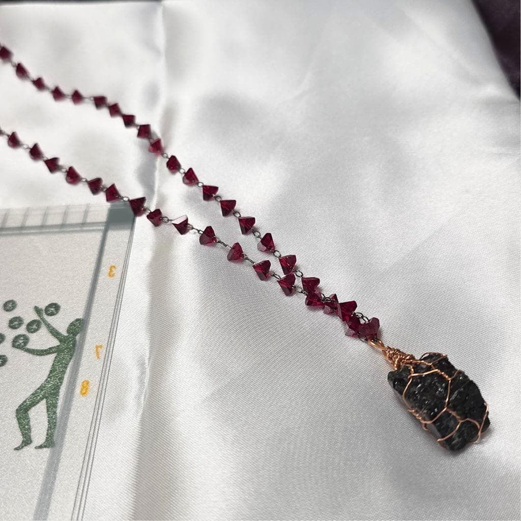 Raw Black Tourmaline & Crimson Crystal Necklace – Copper Wrapped Protection