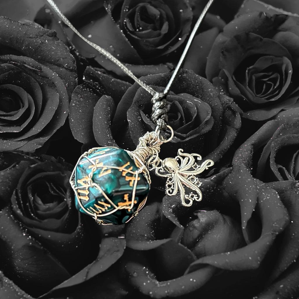 Kraken’s Grasp d12 Necklace – Custom Wire Wrapped Teal 12-Sided Die Pendant