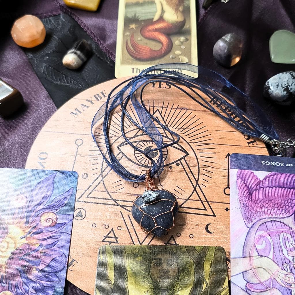Artisan Wire Wrapped Lapis Lazuli Heart & Snowflake Obsidian Necklace
