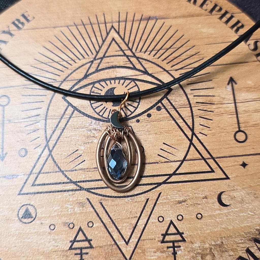 Handmade Copper Wire Wrapped Crystal Moon Pendant Black Leather Cord Necklace