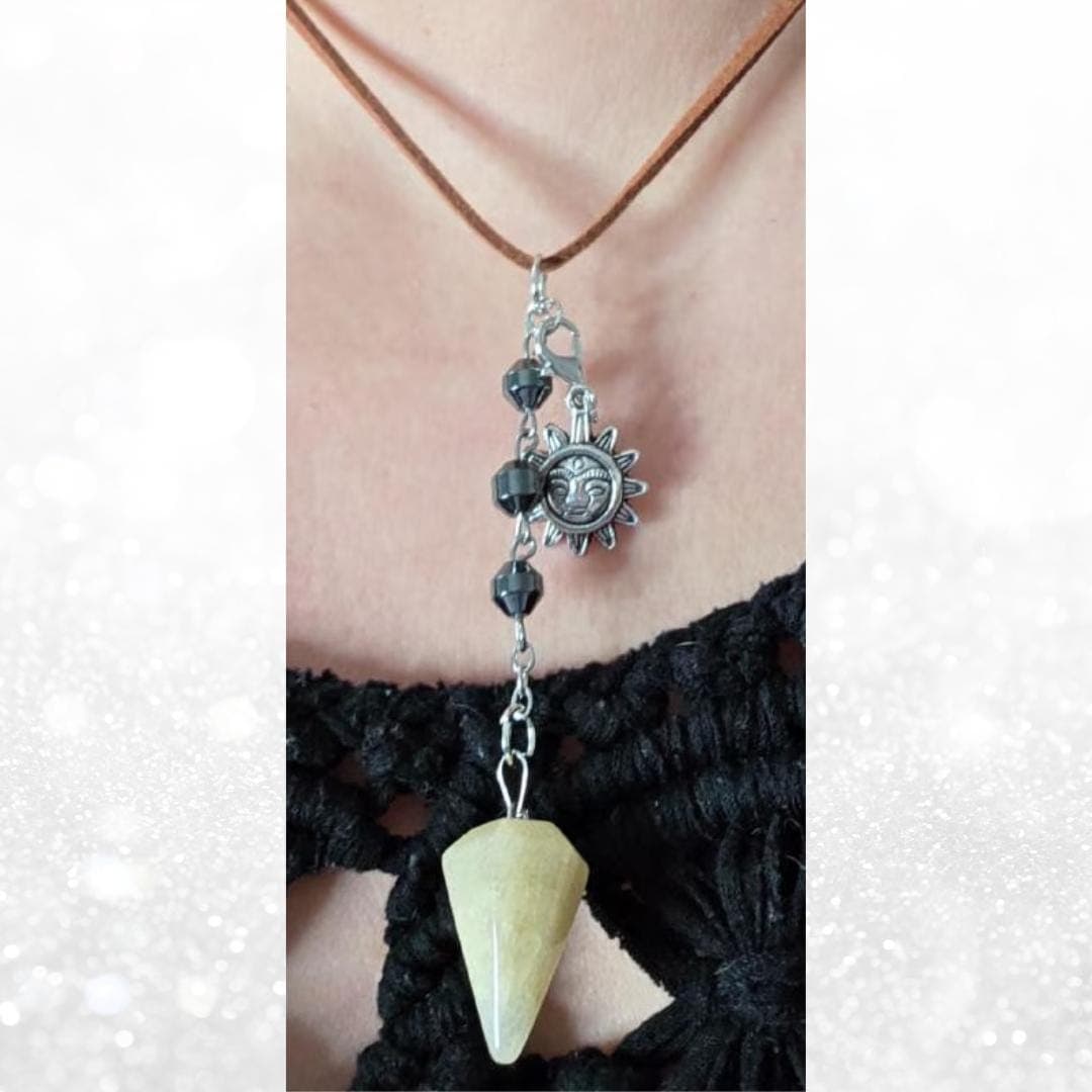 Yellow Calcite Pendulum Necklace, Hematite Beads, Sun Charm, Suede Cord