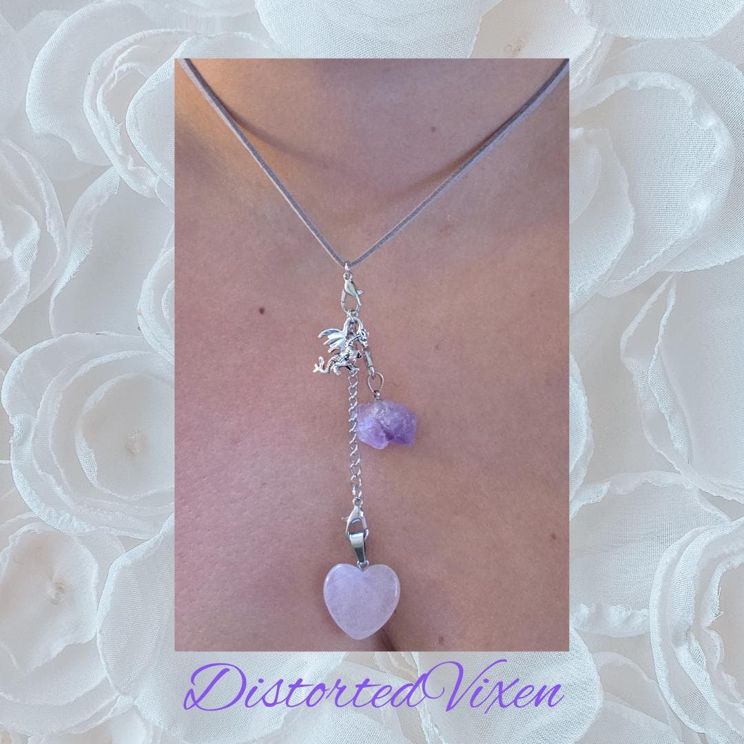 Rose Quartz & Amethyst Dragon Necklace, Adjustable Gray Cord, Interchangeable Charms, Layered Healing Jewelry