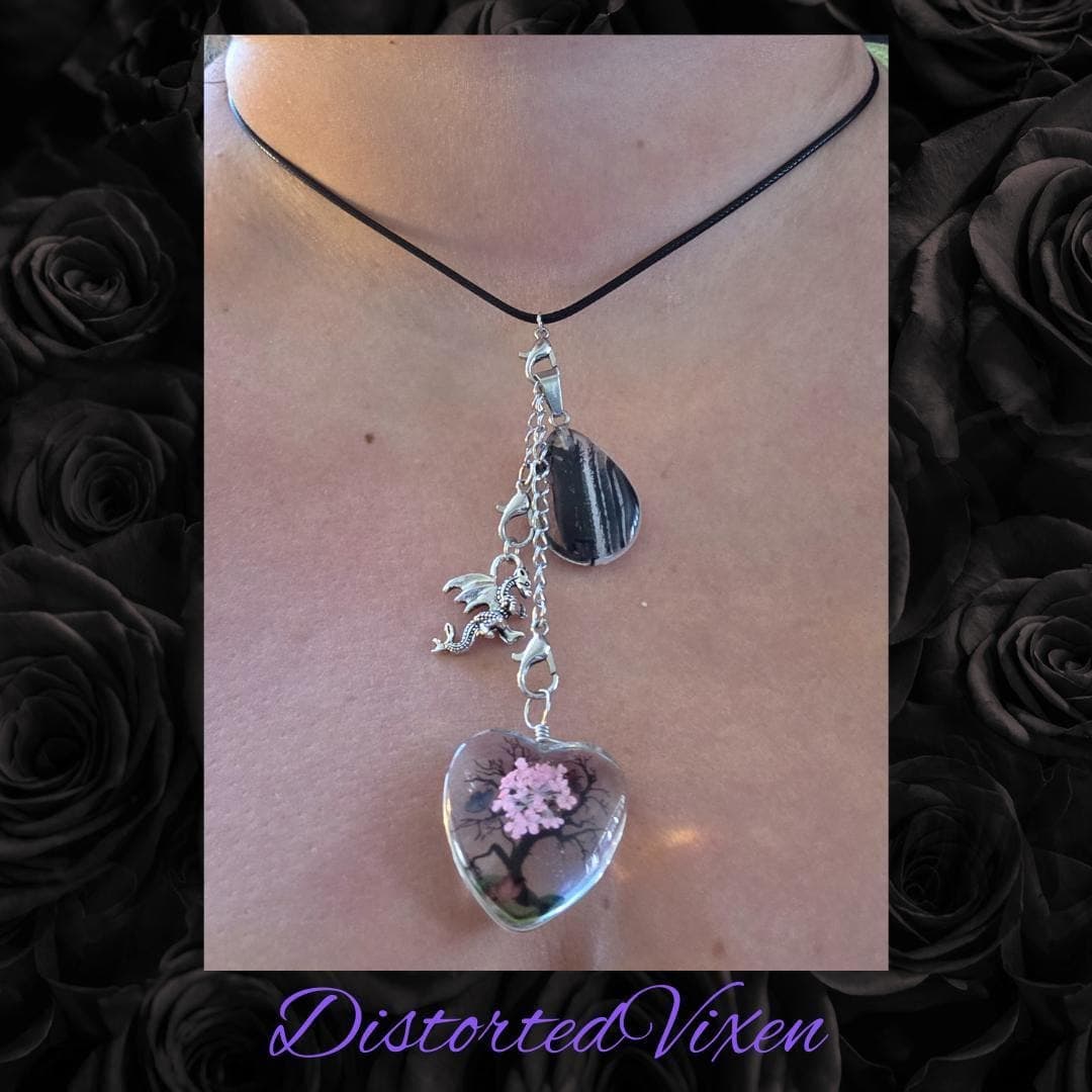 Tree of Life Dragon Necklace Resin Heart and Black Glass Teardrop Pendant, Layering Jewelry