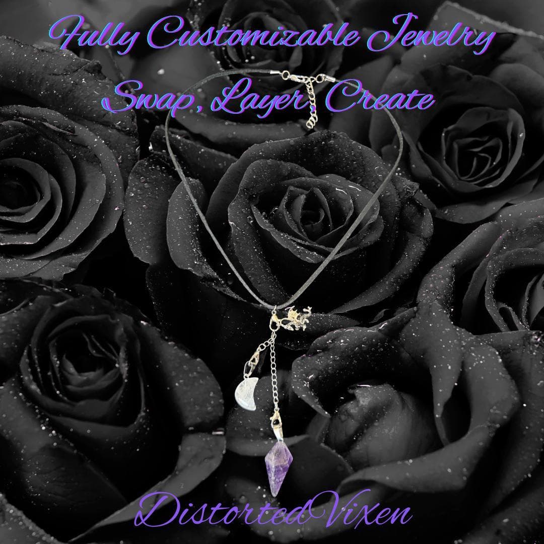 Dragon Amethyst Pendulum Necklace • Clear Quartz Moon • Witch Divination Jewelry • Crystal Dowsing Tool