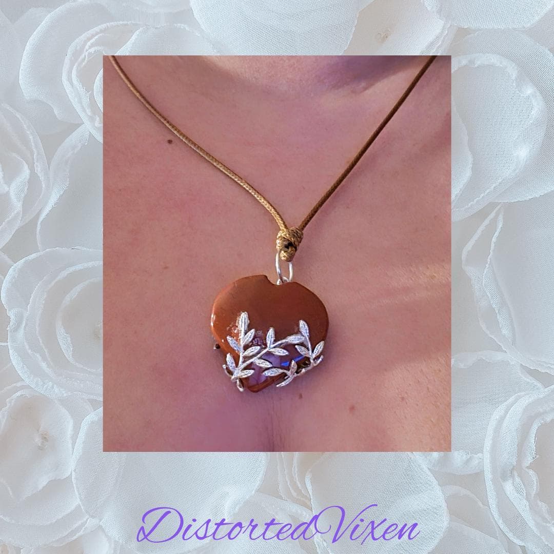 Red Jasper Heart Necklace with Silver Vine Detail Adjustable Cord for Women's Jewelry