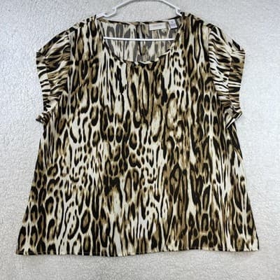 Chico's Top Womens 3 Brown Animal Print Dolman Sleeve Stretch Blouse Summer