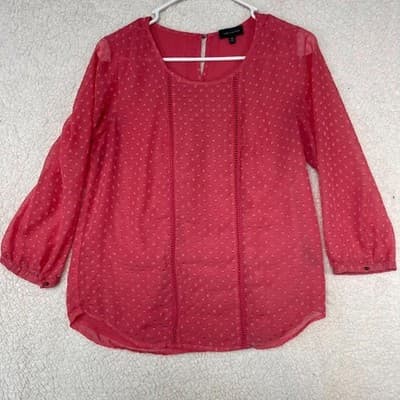 The Limited Blouse Womens XS Pink Round Neck 3/4 Sleeve Swiss Dot Tunic Sheer