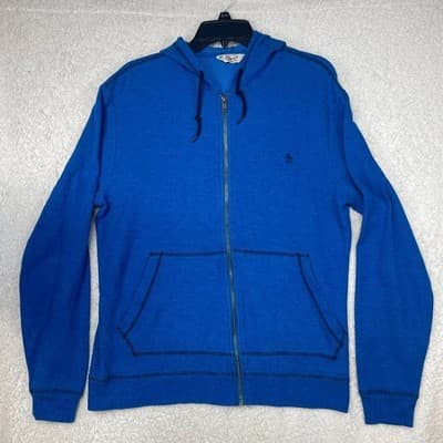 Original Penguin Hoodie Mens Large Blue Full Zip Knit Sweatshirt Logo Graphic